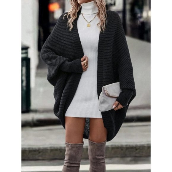 black Open Front Batwing Sleeve Duster sweater cardigan - Picture 6 of 7